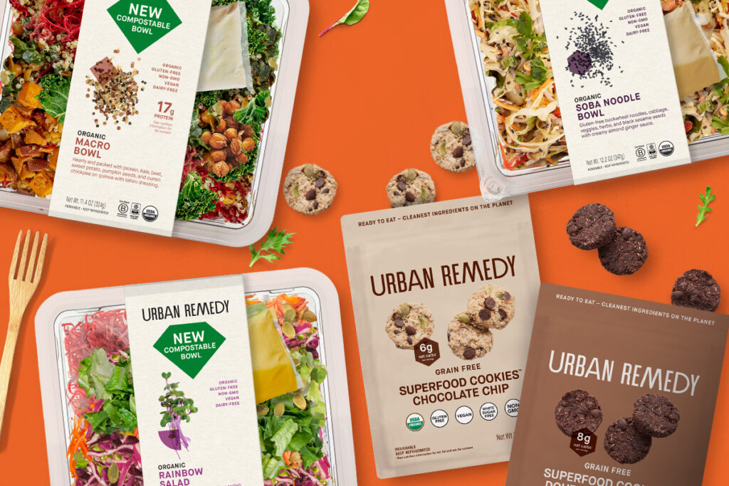 salads sold in compostable bowls and Superfood Cookies from Urban Remedy