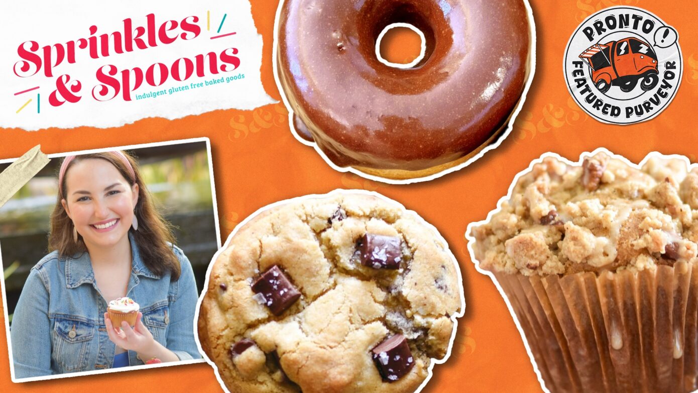 Graphic for Sprinkles & Spoons, featured purveyor at Pronto, with photos of product and the owner